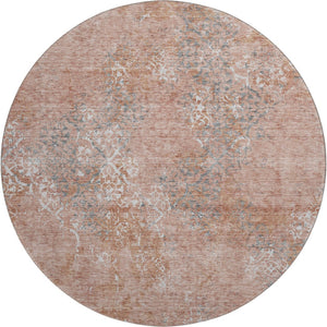 HomeRoots 8' Salmon Gray and Ivory Abstract Round Rug - Washable, Durable Design with UV Protection for Homes 664515