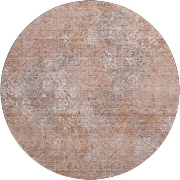 HomeRoots 8' Salmon Gray and Ivory Abstract Round Rug - Washable, Durable Design with UV Protection for Homes 664515