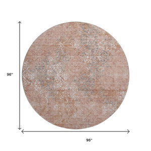 HomeRoots 8' Salmon Gray and Ivory Abstract Round Rug - Washable, Durable Design with UV Protection for Homes 664515