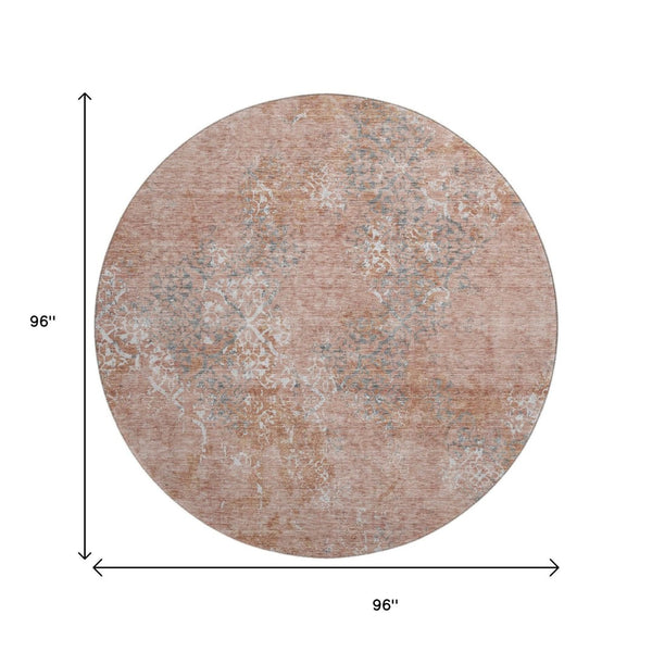 HomeRoots 8' Salmon Gray and Ivory Abstract Round Rug - Washable, Durable Design with UV Protection for Homes 664515