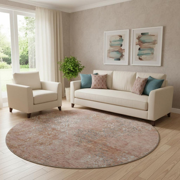 HomeRoots 8' Salmon Gray and Ivory Abstract Round Rug - Washable, Durable Design with UV Protection for Homes 664515