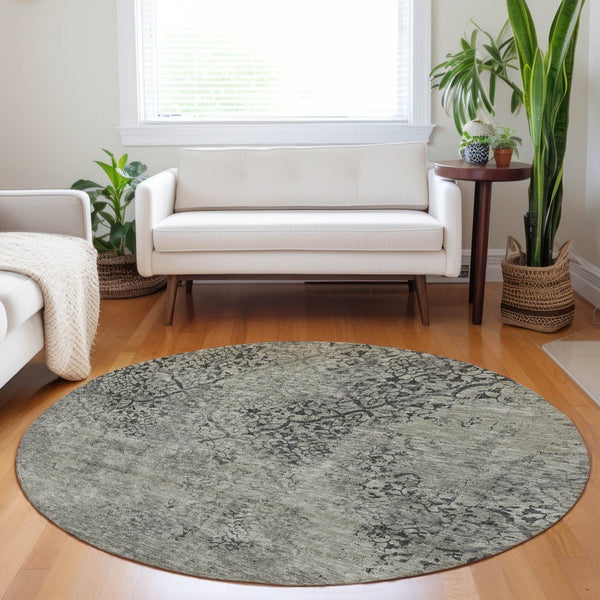 HomeRoots 8' Stylish Taupe Gray & Khaki Abstract Washable Round Rug with UV Protection for Modern Spaces 664521