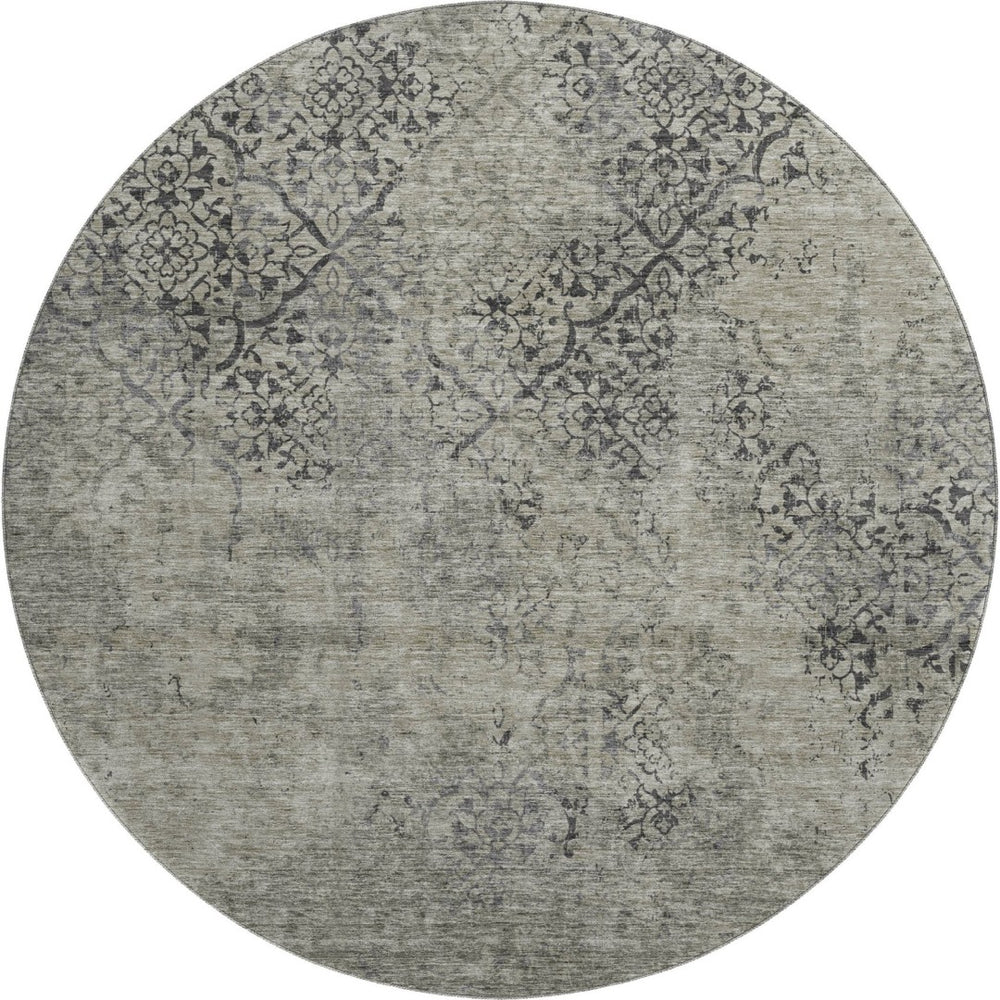HomeRoots 8' Stylish Taupe Gray & Khaki Abstract Washable Round Rug with UV Protection for Modern Spaces 664521