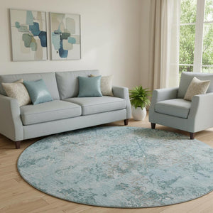 HomeRoots 8' Teal Ivory and Gray Abstract Washable Round Rug - Stylish UV-Protected Design for Modern Homes 664527