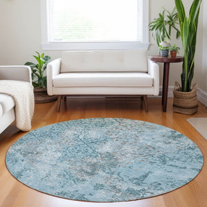 HomeRoots 8' Teal Ivory and Gray Abstract Washable Round Rug - Stylish UV-Protected Design for Modern Homes 664527