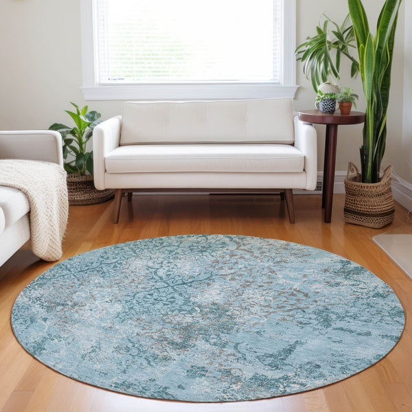 HomeRoots 8' Teal Ivory and Gray Abstract Washable Round Rug - Stylish UV-Protected Design for Modern Homes 664527