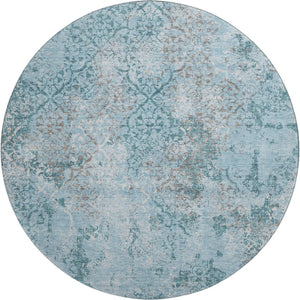 HomeRoots 8' Teal Ivory and Gray Abstract Washable Round Rug - Stylish UV-Protected Design for Modern Homes 664527