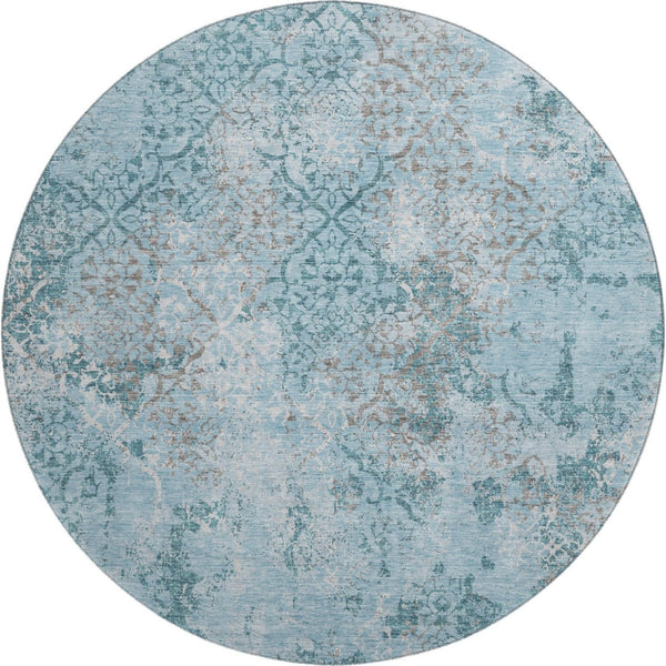 HomeRoots 8' Teal Ivory and Gray Abstract Washable Round Rug - Stylish UV-Protected Design for Modern Homes 664527