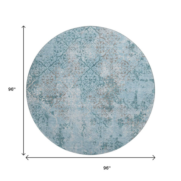HomeRoots 8' Teal Ivory and Gray Abstract Washable Round Rug - Stylish UV-Protected Design for Modern Homes 664527