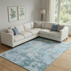 HomeRoots 8' X 10' Washable Teal Ivory Gray Abstract Area Rug with UV Protection – Ideal for Modern Spaces! 664528