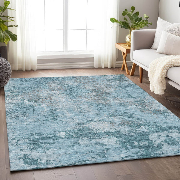 HomeRoots 8' X 10' Washable Teal Ivory Gray Abstract Area Rug with UV Protection – Ideal for Modern Spaces! 664528