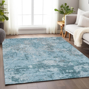 HomeRoots 9' X 12' Teal Ivory Gray Abstract Area Rug - Washable, Stain-Resistant, UV-Protected for Busy Homes 664529