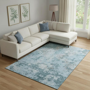 HomeRoots 9' X 12' Teal Ivory Gray Abstract Area Rug - Washable, Stain-Resistant, UV-Protected for Busy Homes 664529
