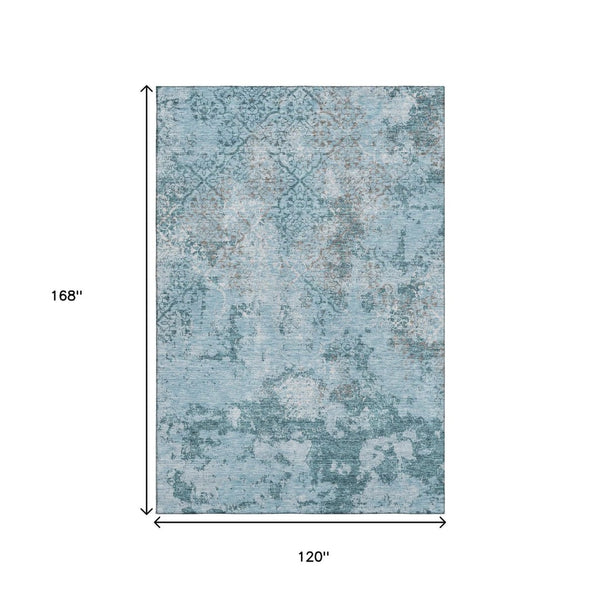 HomeRoots 10' Teal Ivory Gray Abstract Washable Area Rug - Durable, UV-Protected, Soft, Modern Design for Homes 664530