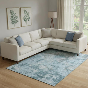 HomeRoots 10' Teal Ivory Gray Abstract Washable Area Rug - Durable, UV-Protected, Soft, Modern Design for Homes 664530