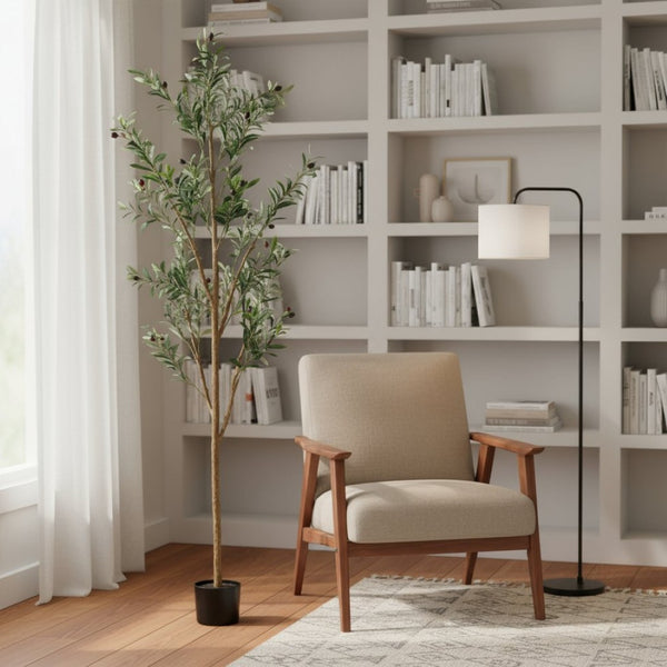 HomeRoots Set of Two 72" Lifelike Green Artificial Olive Trees in Elegant Black Pots for Stylish Decor 664531