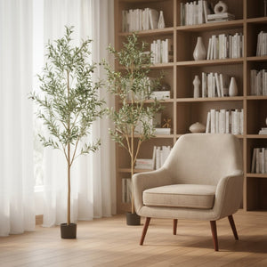 HomeRoots Set of Two 72" Lifelike Green Artificial Olive Trees in Elegant Black Pots for Stylish Decor 664531