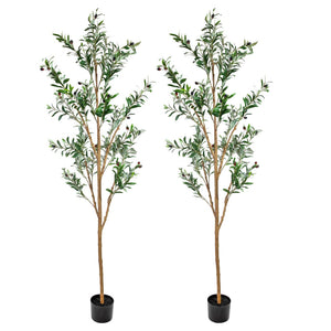 HomeRoots Set of Two 72" Lifelike Green Artificial Olive Trees in Elegant Black Pots for Stylish Decor 664531