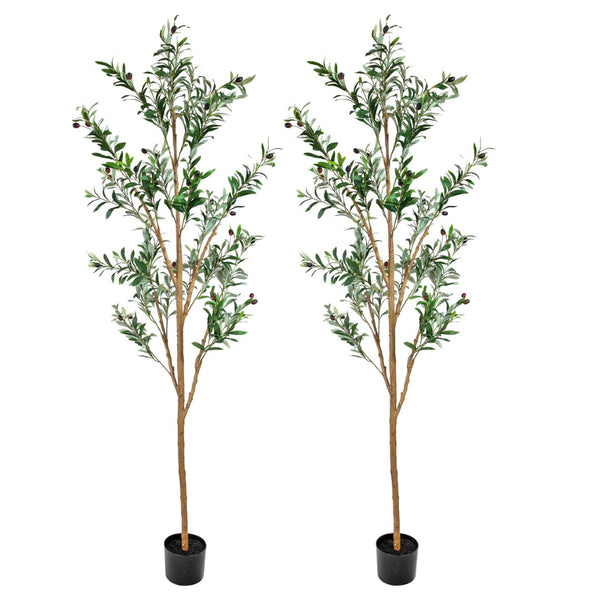 HomeRoots Set of Two 72" Lifelike Green Artificial Olive Trees in Elegant Black Pots for Stylish Decor 664531