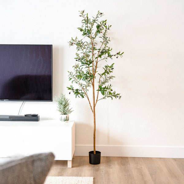 HomeRoots Set of Two 72" Lifelike Green Artificial Olive Trees in Elegant Black Pots for Stylish Decor 664531