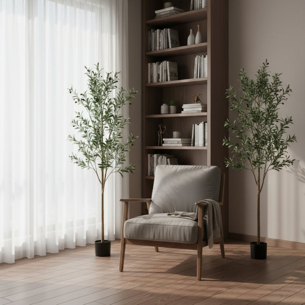 HomeRoots Set of Two 84" Lifelike Green Olive Trees in Black Pots – Perfect for Home, Office & Events Decor 664532