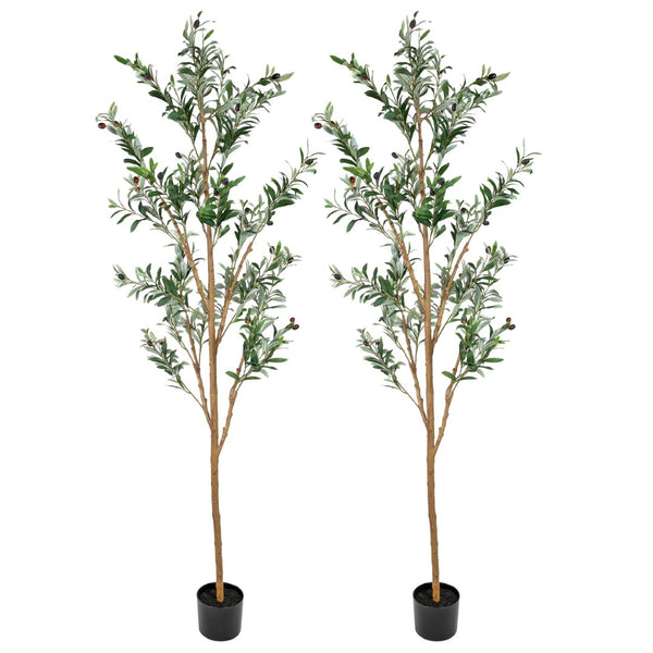 HomeRoots Set of Two 84" Lifelike Green Olive Trees in Black Pots – Perfect for Home, Office & Events Decor 664532