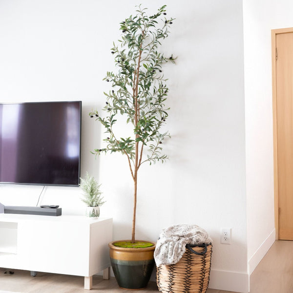 HomeRoots Set of Two 84" Lifelike Green Olive Trees in Black Pots – Perfect for Home, Office & Events Decor 664532