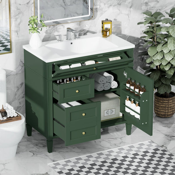 English Elm 36'' Modern Bathroom Vanity With Top Sink, 3 Drawers, Roman Legs & Adjustable Shelving For Storage SW000119AAF-2