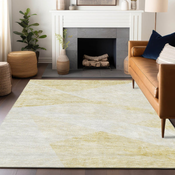 HomeRoots 8' X 10' Gold And Ivory Geometric Area Rug - Washable, UV Protected, Stylish & Durable for Homes 664568