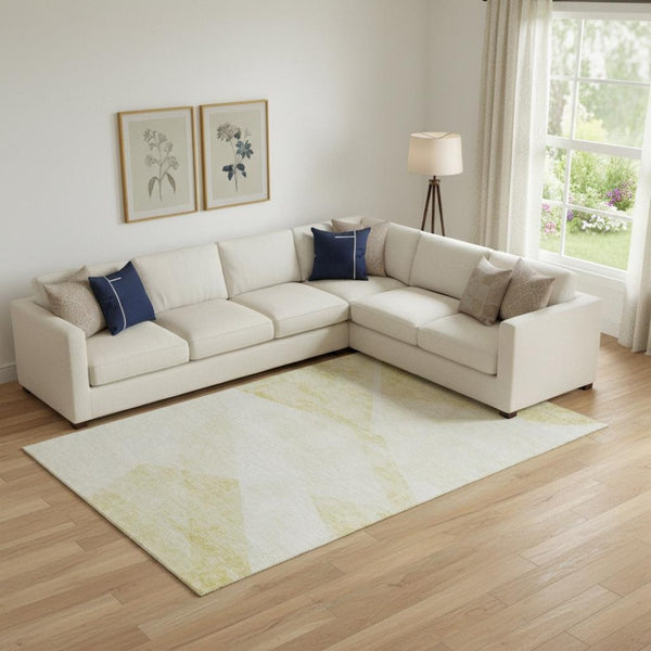 HomeRoots 9' X 12' Gold and Ivory Geometric Area Rug - Washable, UV-Protected for Modern Homes with Kids & Pets 664569