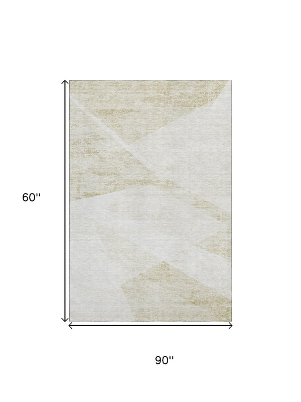 HomeRoots 5' X 8' Khaki and Ivory Geometric Area Rug - Stylish, Washable, UV-Protected, Perfect for Homes! 664572