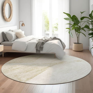 HomeRoots 8' Khaki and Ivory Geometric Round Rug - Washable, UV Protected, Perfect for Family Homes & Decor 664573