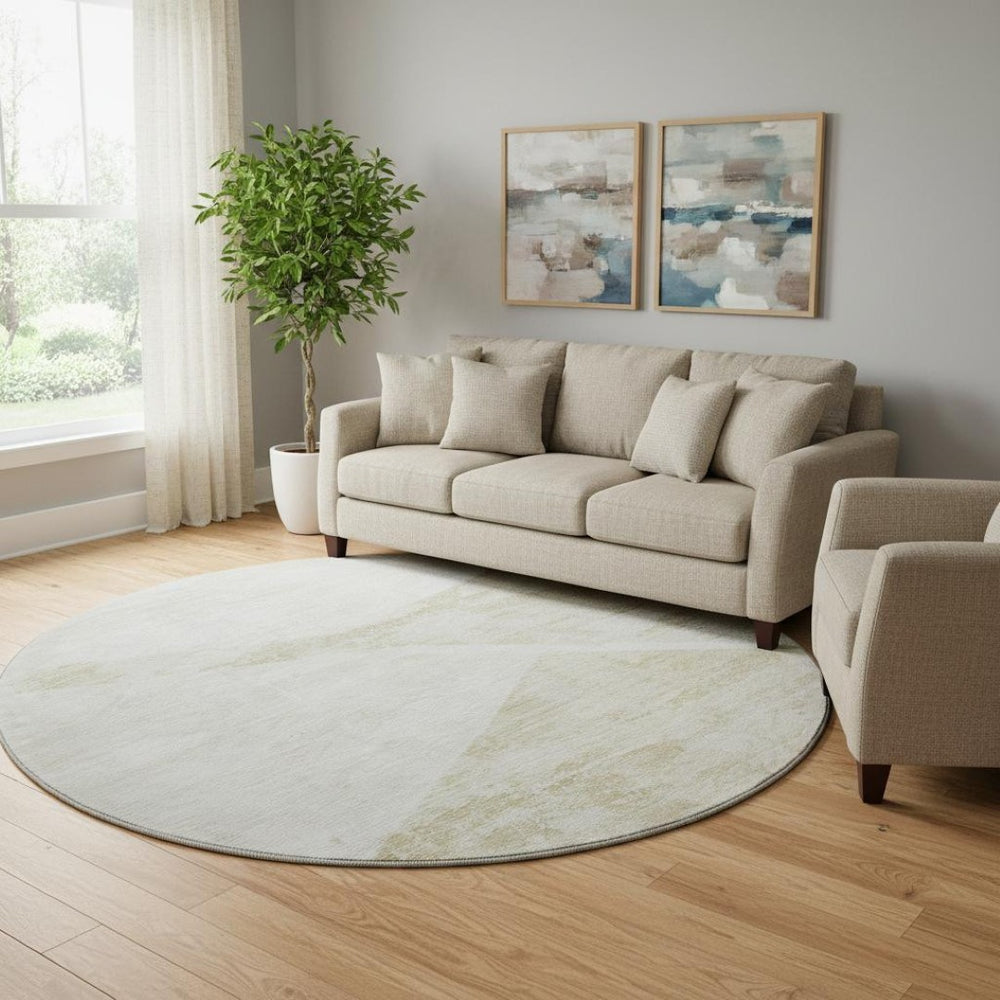 HomeRoots 8' Khaki and Ivory Geometric Round Rug - Washable, UV Protected, Perfect for Family Homes & Decor 664573