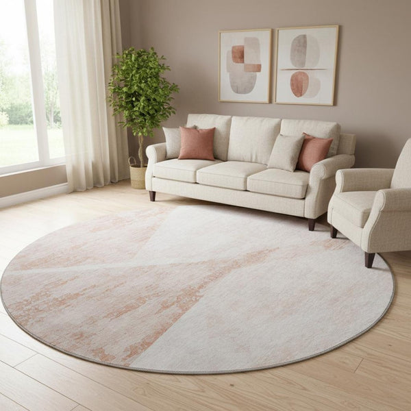 HomeRoots 8' Salmon and Ivory Geometric Washable Round Rug - Durable, Stain Resistant, UV Protected Decor Piece 664585