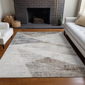 HomeRoots 5' X 8' Modern Silver Gray & Brown Geometric Area Rug - Washable, UV-Protected, Durable Design 664590