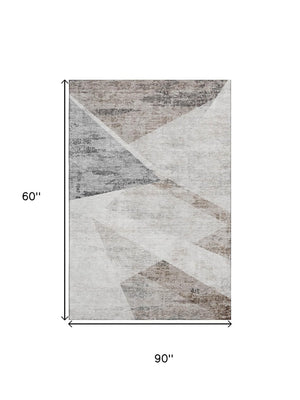 HomeRoots 5' X 8' Modern Silver Gray & Brown Geometric Area Rug - Washable, UV-Protected, Durable Design 664590
