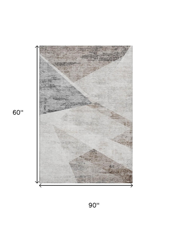 HomeRoots 5' X 8' Modern Silver Gray & Brown Geometric Area Rug - Washable, UV-Protected, Durable Design 664590