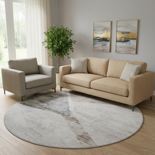 HomeRoots 8' Stylish Silver Gray & Brown Geometric Washable Round Rug with UV Protection for Any Space 664591