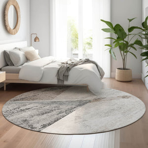 HomeRoots 8' Stylish Silver Gray & Brown Geometric Washable Round Rug with UV Protection for Any Space 664591