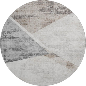 HomeRoots 8' Stylish Silver Gray & Brown Geometric Washable Round Rug with UV Protection for Any Space 664591