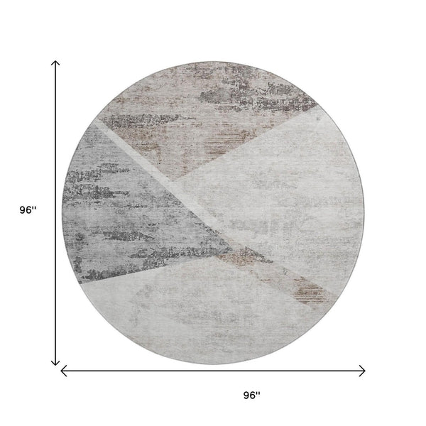 HomeRoots 8' Stylish Silver Gray & Brown Geometric Washable Round Rug with UV Protection for Any Space 664591