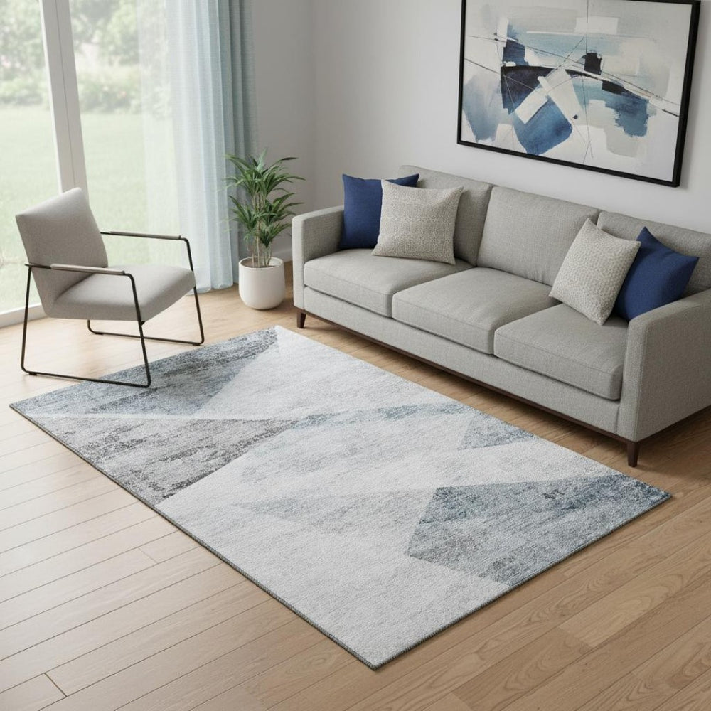 HomeRoots 5' x 8' Modern Sky Blue, Gray & Silver Geometric Area Rug - Washable, UV-Protected, Stain Resistant 664596