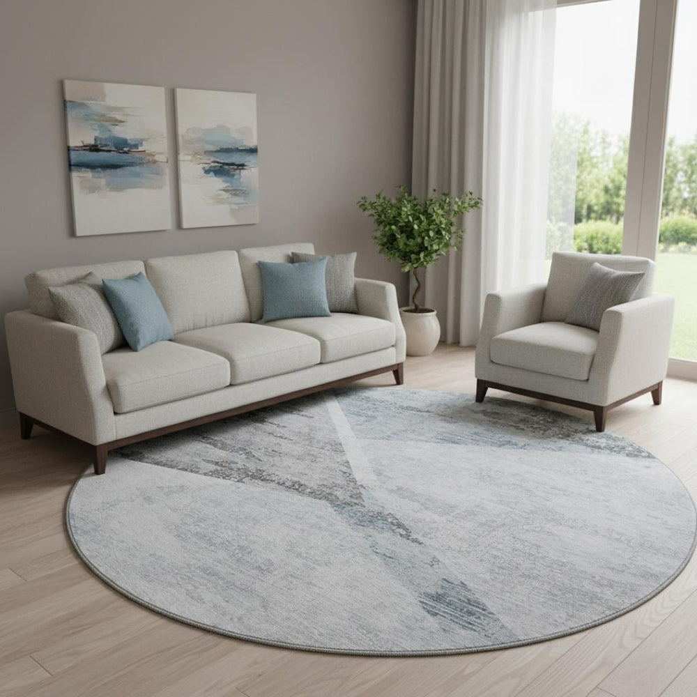 HomeRoots 8' Sky Blue Gray and Silver Geometric Round Rug - Washable, UV-Protected, Perfect for Families! 664597