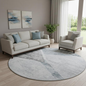 HomeRoots 8' Sky Blue Gray and Silver Geometric Round Rug - Washable, UV-Protected, Perfect for Families! 664597