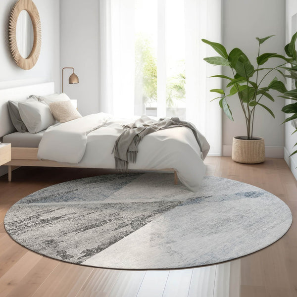 HomeRoots 8' Sky Blue Gray and Silver Geometric Round Rug - Washable, UV-Protected, Perfect for Families! 664597
