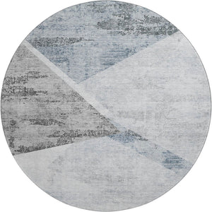 HomeRoots 8' Sky Blue Gray and Silver Geometric Round Rug - Washable, UV-Protected, Perfect for Families! 664597