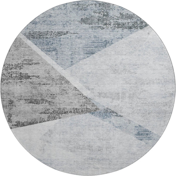HomeRoots 8' Sky Blue Gray and Silver Geometric Round Rug - Washable, UV-Protected, Perfect for Families! 664597