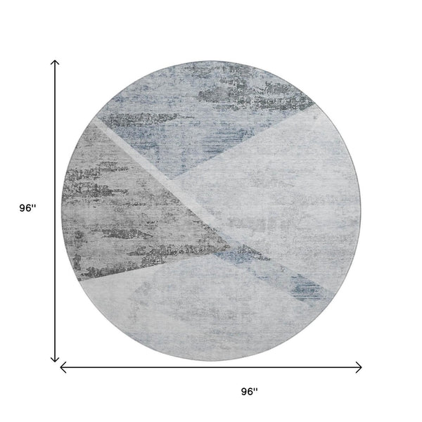 HomeRoots 8' Sky Blue Gray and Silver Geometric Round Rug - Washable, UV-Protected, Perfect for Families! 664597