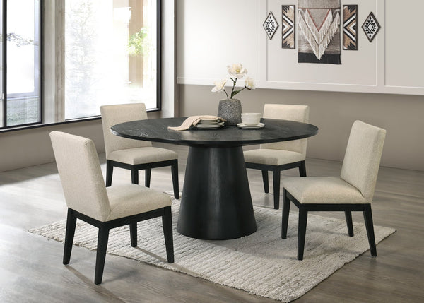 English Elm Froja Beige Fabric 5PC Dining Set with Black Round Table, Upholstered Chairs, Modern 59" Dia Elegance B2726S00240