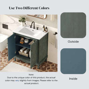 English Elm Christopher Knight Home® - 30" Vintage Bathroom Vanity with Rectangle Ceramic Sink, Rubber Wood Legs, Soft-Close Doors, Adjustable Shelves Antique blue green,Teal N817P245316B